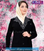 مانتو شلوار کرپ مشکی یقه راه راه کد 66