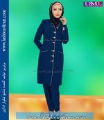 مانتو شلوار کرپ آبی طلایی کد 74